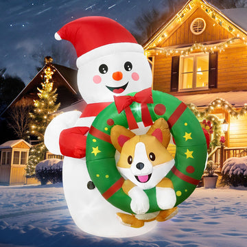 6FT Snowman Inflatable Christmas Decorations Outdoor with Corgi Wreath