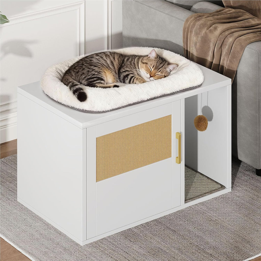 Cat Litter Box Enclosure Furniture - Hidden Cabinet with Odor Control & Scratching Pad, Wooden End Table Bedroom
