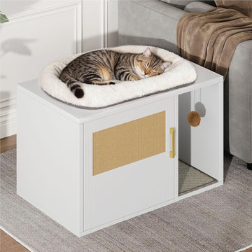 Cat Litter Box Enclosure, White Cabinet with Scratch Pad and Side Table
