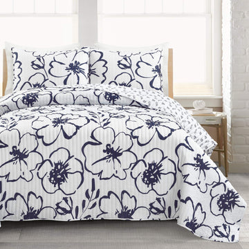 Scandinavian Floral Quilt Queen Size Reversible 3 Piece Set Full/Queen Navy & White - Floral Bedding Set Queen Quilt