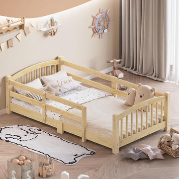 Montessori Floor Bed with Safety Guardrails - Solid Wood Bed Frame with Slats & Fence and Without Door, No Box