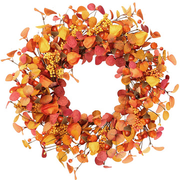 Artificial Fall Wreath 20'' Autumn Front Door Wreath with Eucalyptus Leaves Berries Small Pumpkins Lantern Fruit for