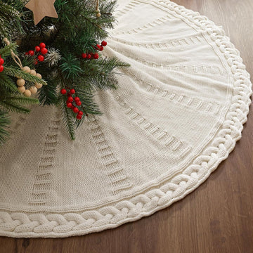 48 Inch Christmas Tree Skirt: Braided Cable Knit Tree Skirt for 7.5FT Tree, Cream White Tree Skirt, Vintage Tree