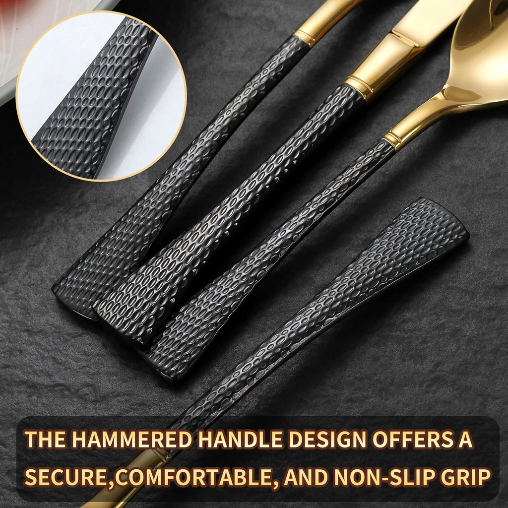 Hammered Black Gold Silverware Set for 8,Stainless Steel 40-Piece Modern Cutlery Set,Mirror Polished Heavy Duty