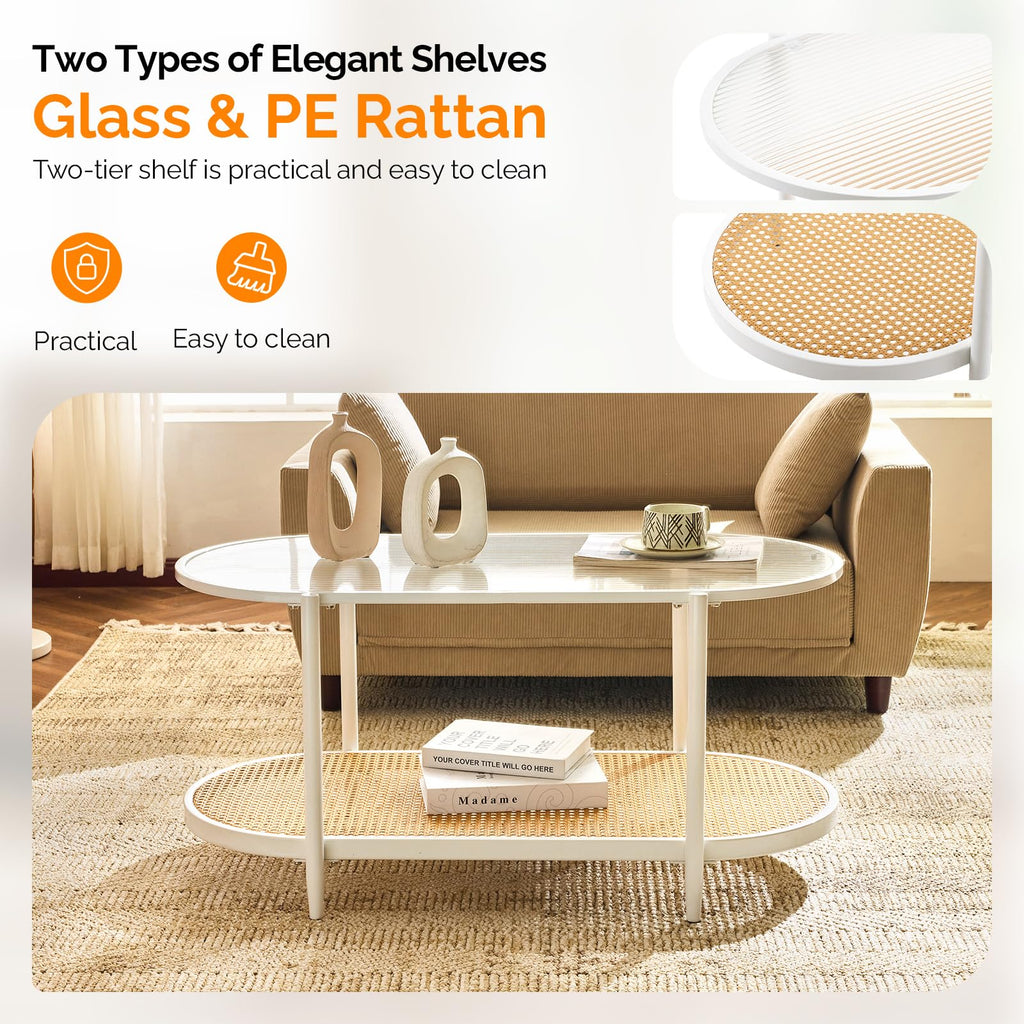 38" Glass Coffee Table Oval, Rattan Coffee Table, White