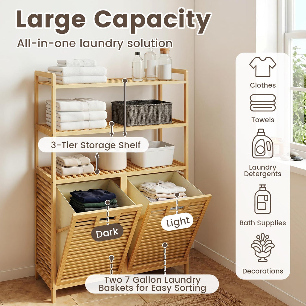 Bamboo Double Tilt Out Laundry Hamper Cabinet with Shelves