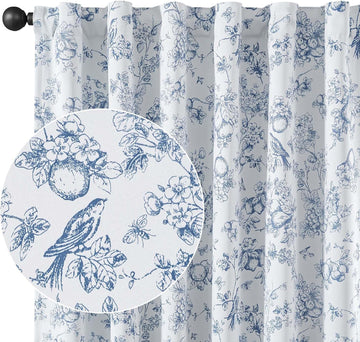 Blue 100% Blackout Curtains for Bedroom 96 Inch Length, Country Flower Floral Curtains for Living Room Toile