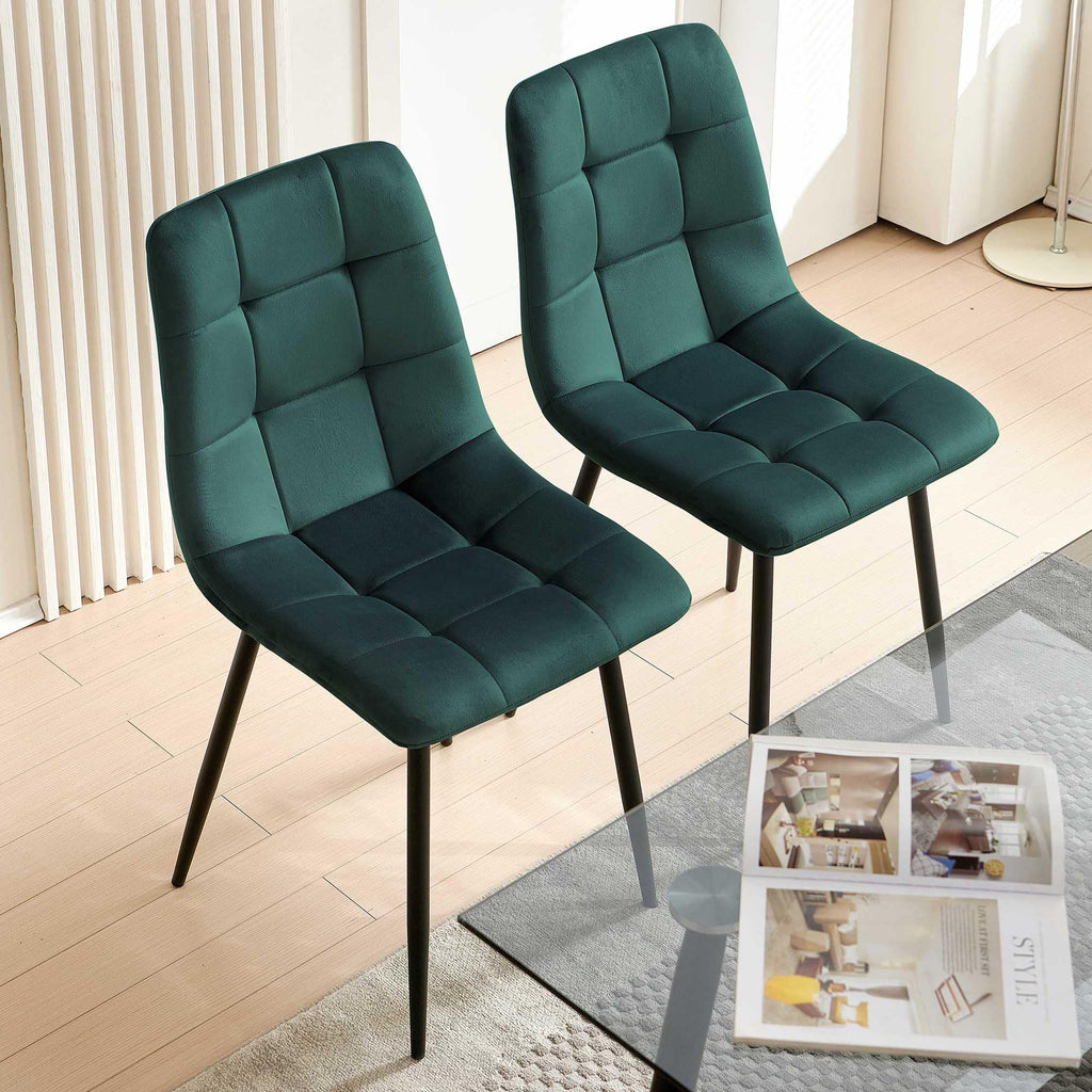 Forest Green Velvet Dining Chairs Set of 4, Upholstered Tufted Kitchen Chairs, Comfortable Seat, Metal Leg, Easy