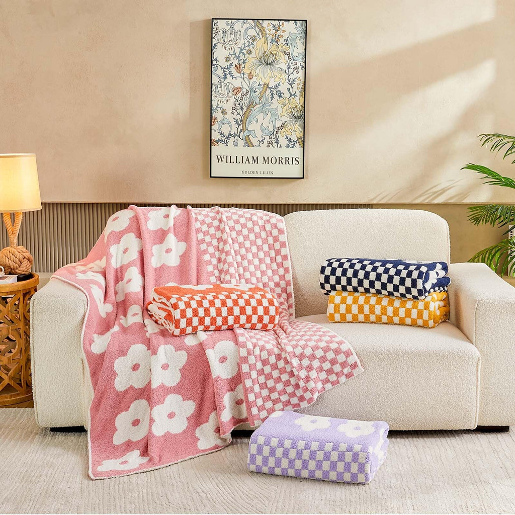 Checkered Throw Blanket, Orange Flower Blanket for Couch, 50"x60" Soft Plaid Knit Blanket Decor, Reversible