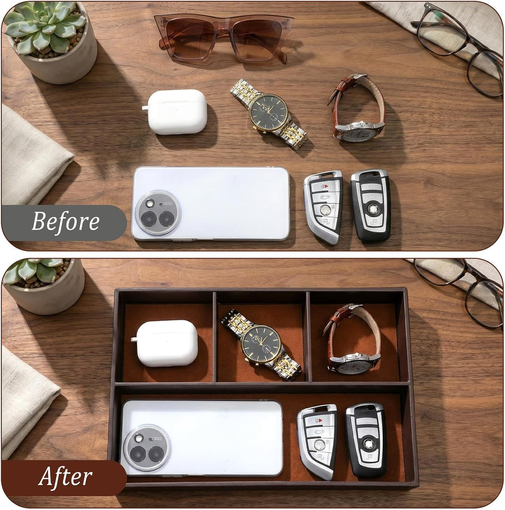 Leather Valet Tray for Men - Premium PU Leather Desk & Nightstand Organizer, Stackable Storage Tray for Keys - Set of 2