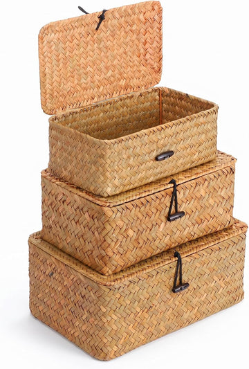 Wicker Basket With Lid Set of 3 Natural Seagrass Storage Bins Rectangular Woven Basket with Lid for Shelf Organizing