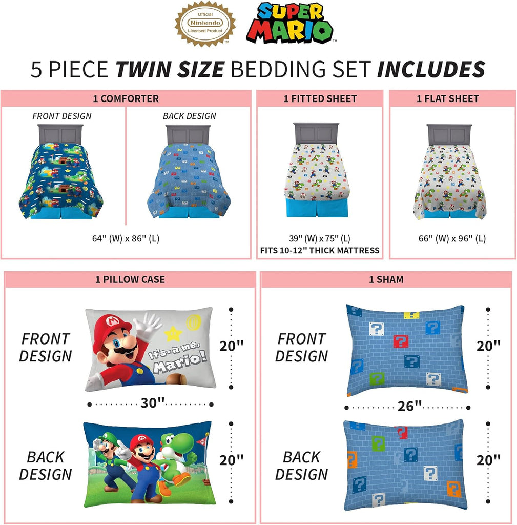 Super Mario Kids Bedding Set, Twin 5 Piece Comforter and Sheet Set with Sham, (Officially Licensed Product)
