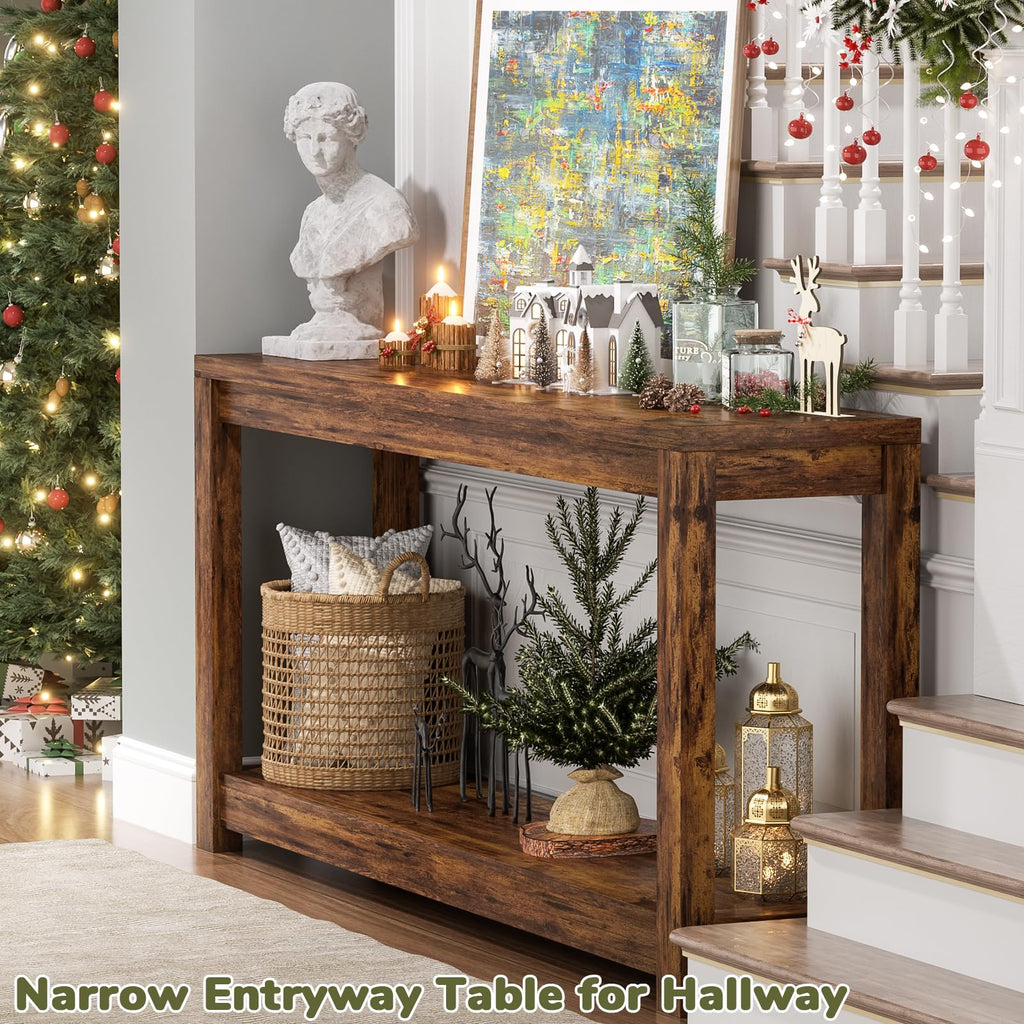 47" Farmhouse Wood Entryway Table Narrow Console Table with Storage Behind Couch Sofa Table with Shelves Entry Way
