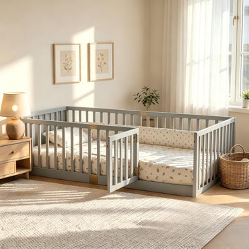 Twin Size Toddler Floor Bed with Door&High Rails, Grey