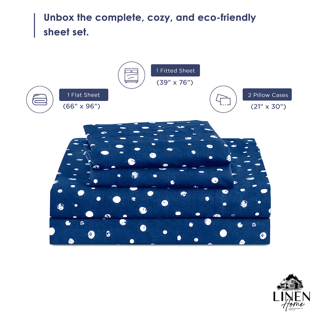 Cotton Lyocell Blend Percale Sheet Set Twin Size, Polka Navy