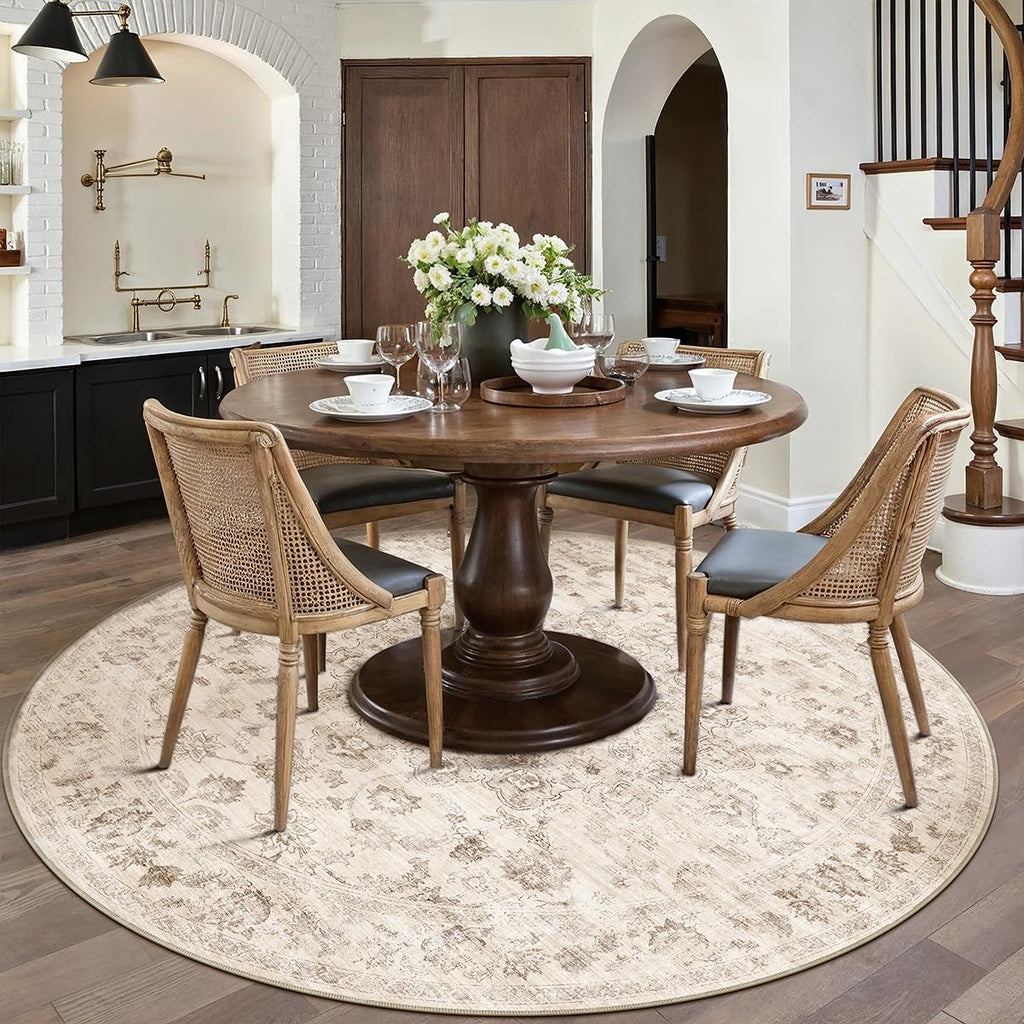 6x6 Washable Neutral Round Rug Beige Vintage Living Room Bedroom Circle Rug Non-Slip Soft Low Pile F