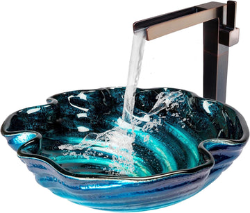Eden Bath Caribbean Wave Round Glass Sink Bowl Bathroom Vessel Sink for Vanity Top