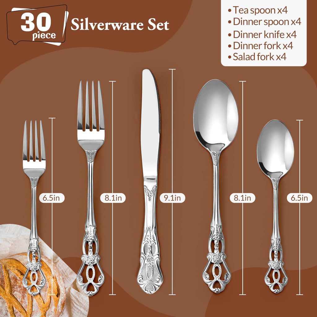 Silverware Set, 30 Pieces Retro Royal Silverware Set for 6, Baroque-Style Stainless Steel Flatware Set Including Fork