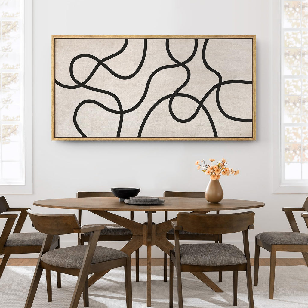 Extra Large Framed Canvas Print Wall Art Black Abstract Lines on Beige Illustrations Modern Art Calm Warm - 60"x30"