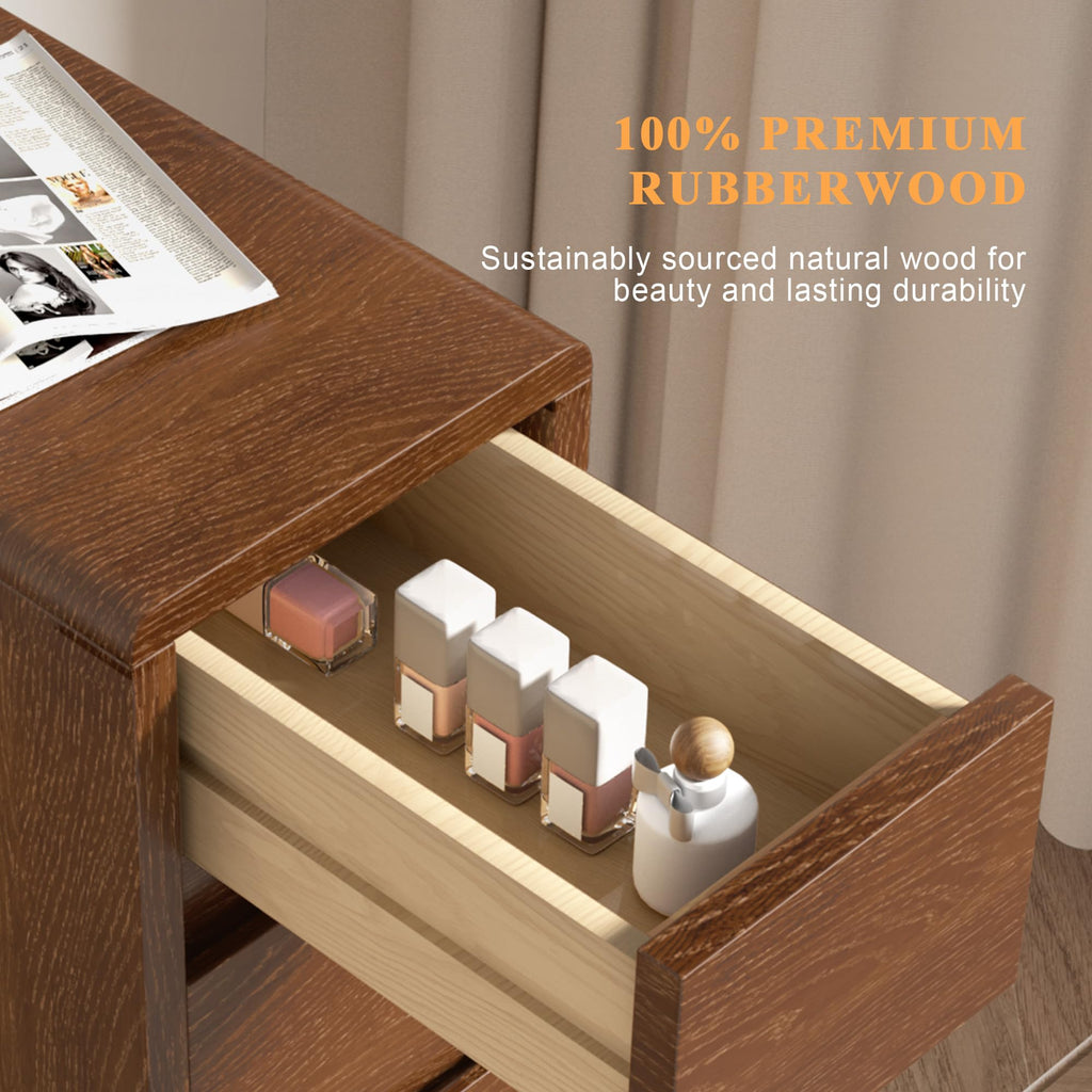 Narrow Nightstand 2 Drawers with Open Shelf Narrow Night Stand Solid Wood Bedside Table Mid Century Modern Nightstand