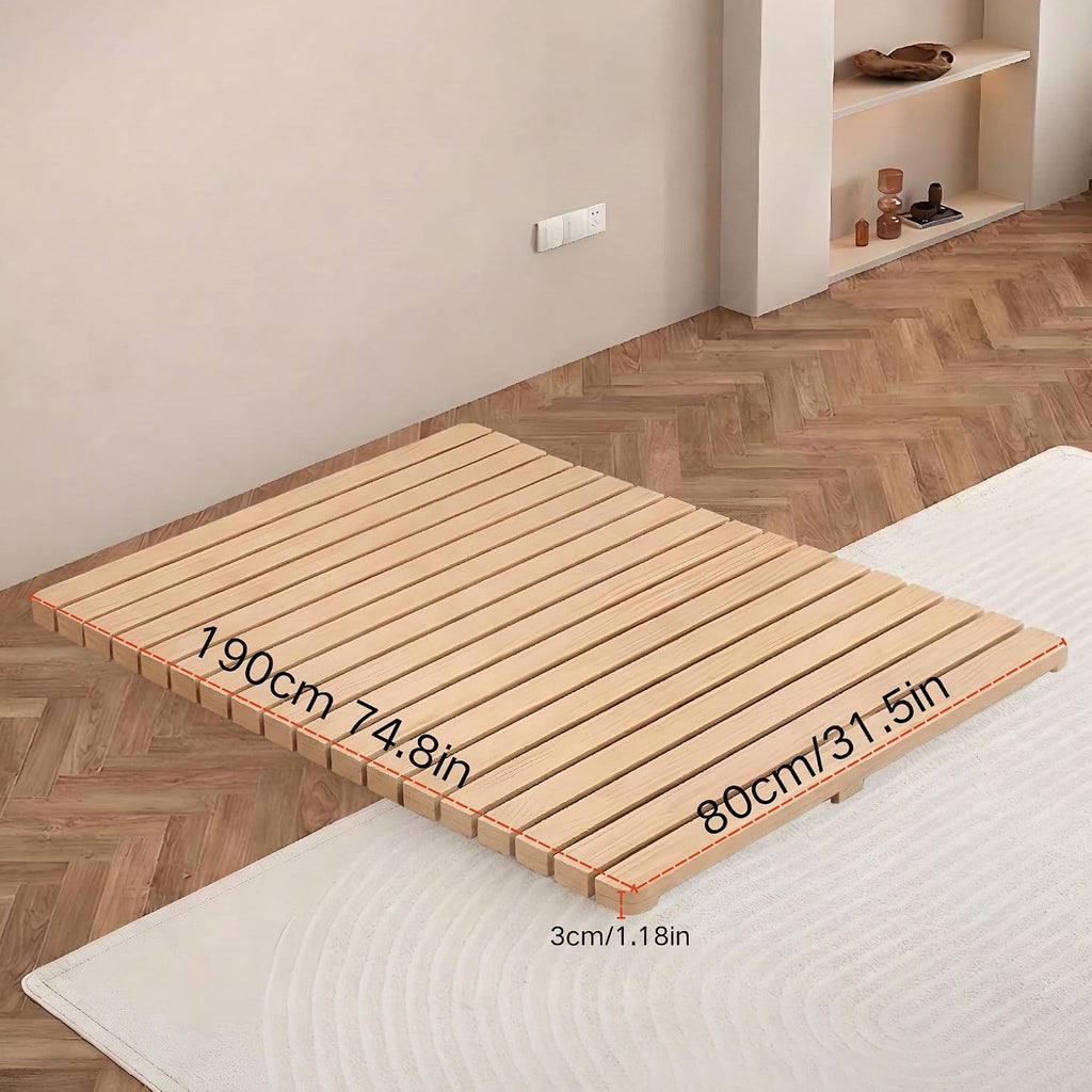 Scandinavian Natural Wood Slatted Roll-Up Bed Base, Japanese Tatami Style Platform, 74.8x31.5 Inch