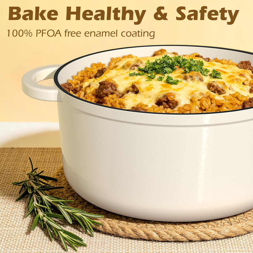 Enameled Cast Iron Dutch Oven-7QT Pot with Lid Cookbook & Cotton, Heavy-Duty Cookware for for Bread Baking, Braising