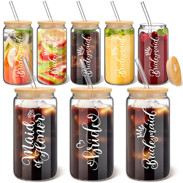 8 Pcs Bride Cups 17 oz Glass Tumblers Bamboo Lid Bridesmaid Gifts