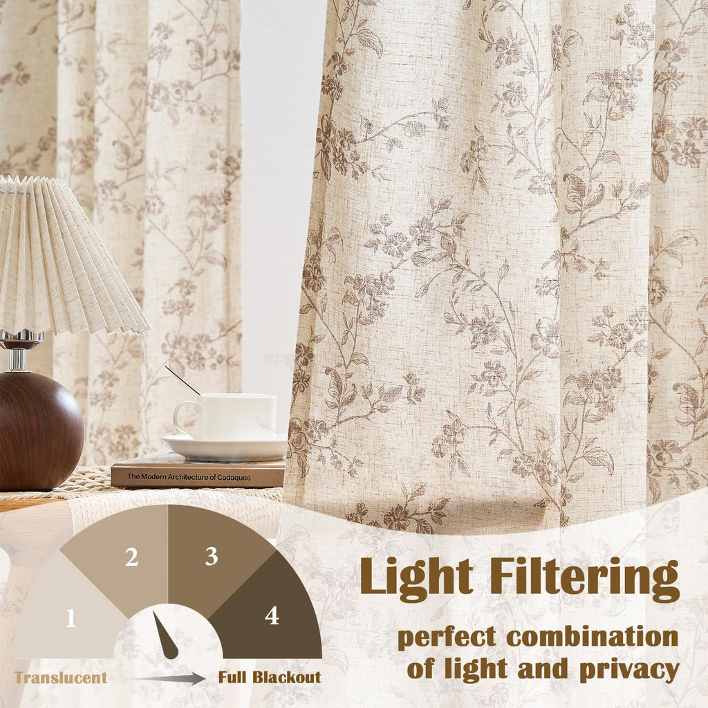 " Farmhouse Polyester blended Curtains Taupe Floral Curtains 96 Inch Length Back Tab Drapes Bedroom Light Filtering