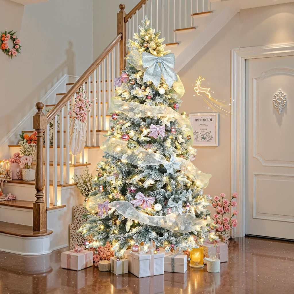 9ft 360° Rotating Pre-Lit Snow Flocked Christmas Tree, Built-in Music, Remote Control, 8 Light-Modes, White Christmas