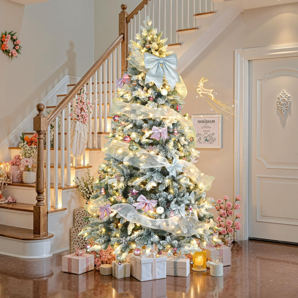 6.5ft Pre-Lit Flocked Christmas Tree with 360° Rotation, Remote Control, Warm White & Multi-Color Lights, Built-in