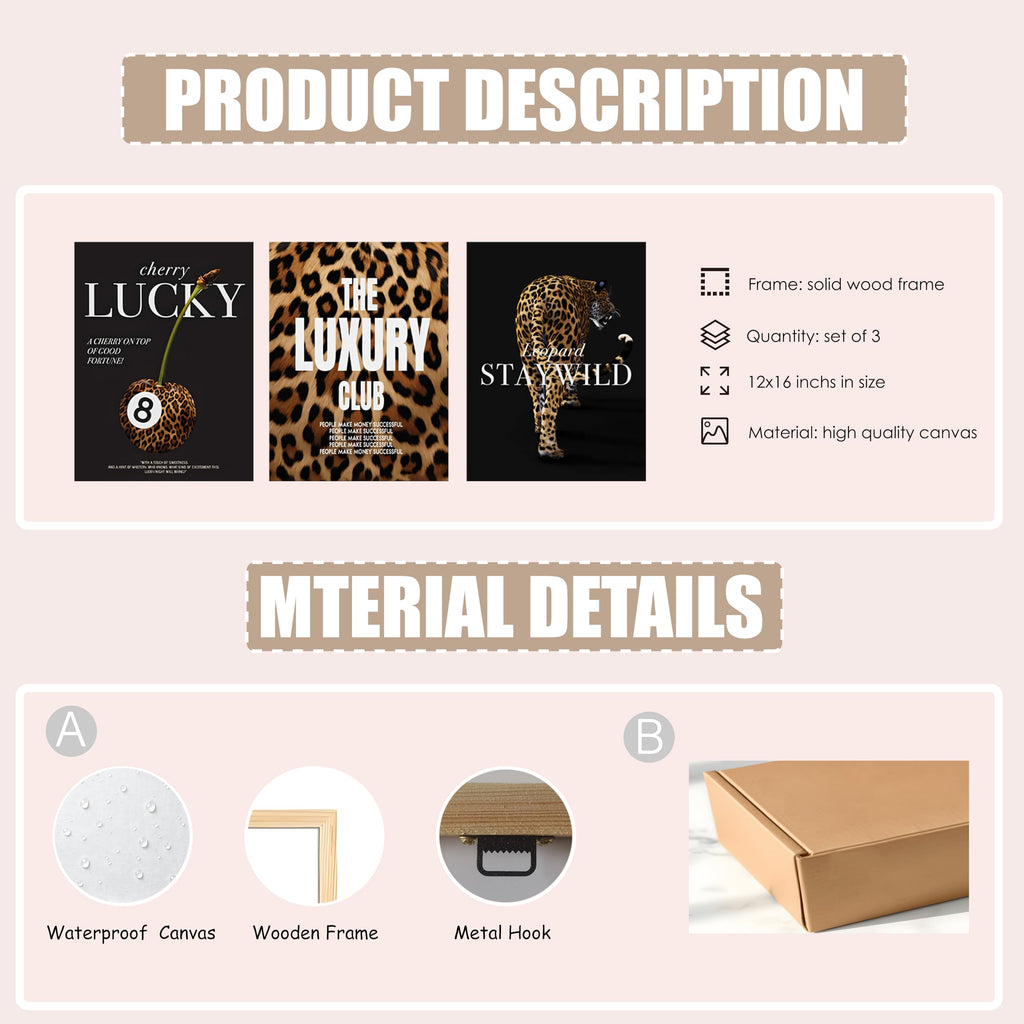 Fashion Leopard Wall Art Set of 3, Trendy Animal Print Canvas Wild Cheetah Inspirational Lucky 8 Ball Painting Wall