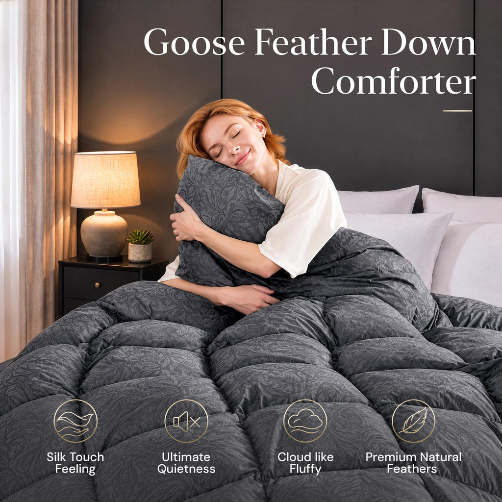 Goose Feather Comforter, Duvet Insert, Ultra-Soft 100% Cotton Shell with Paisley Print (All Season, Black, Twin)