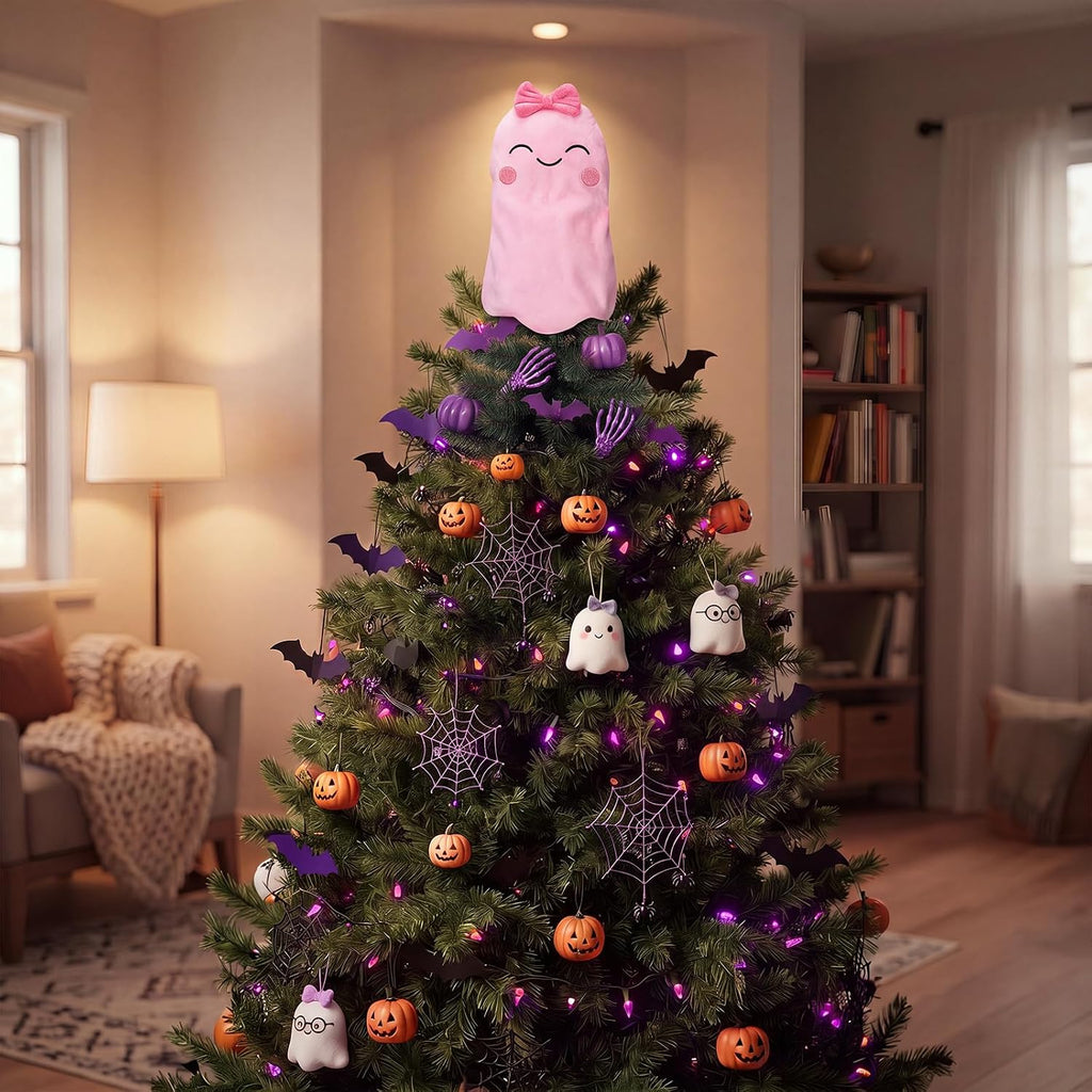 Halloween Pink Ghost Tree Topper Decor 10'' Velvet Smile Ghost