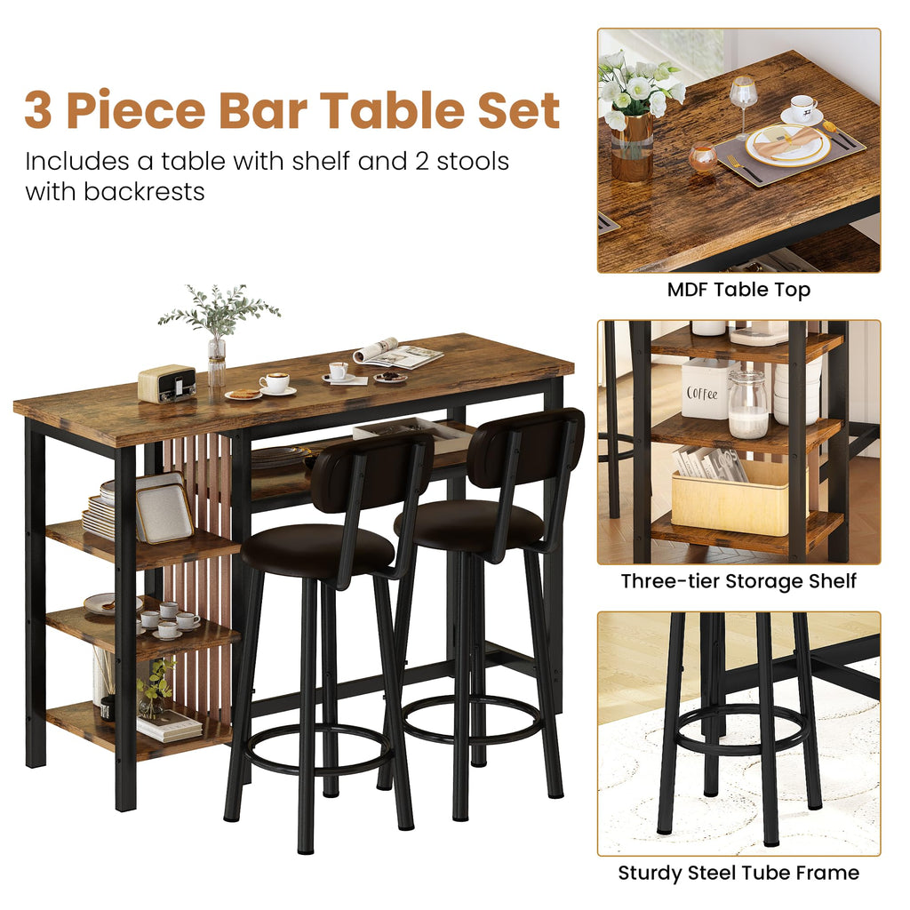47" Bar Dining Table Set for 2, 3 Piece Bar Table and Chairs Set, Kitchen Counter Height Dining Table Set, Small