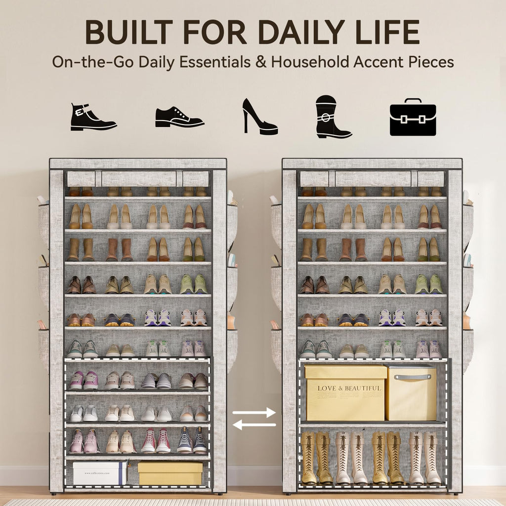 Shoe Rack Dustproof Sturdy 10Tier Tall Large Storage with Side Pocket