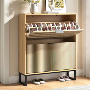 Narrow Shoe Storage Cabinet with 2 Flip Drawers and Adjustable Shelves丨Hidden Slim Shoe Storage Freestanding Shoe