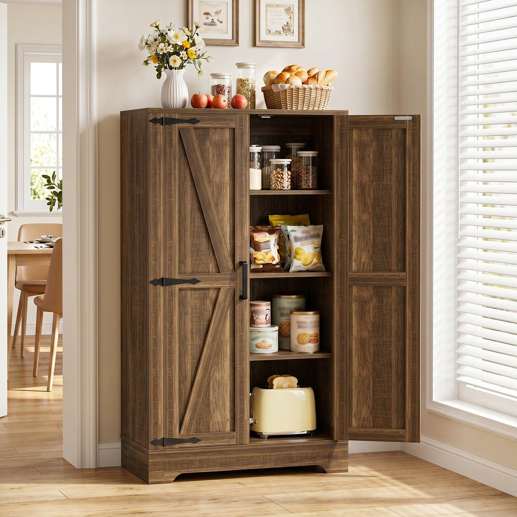 Kitchen Pantry Cabinet with Adjustable Shelves, Weathered Brown