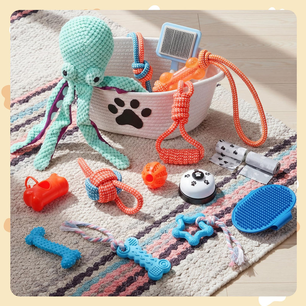 17 Pcs Puppy Gift Set, Dog Toy & Essentials Bundle, White, Octopus