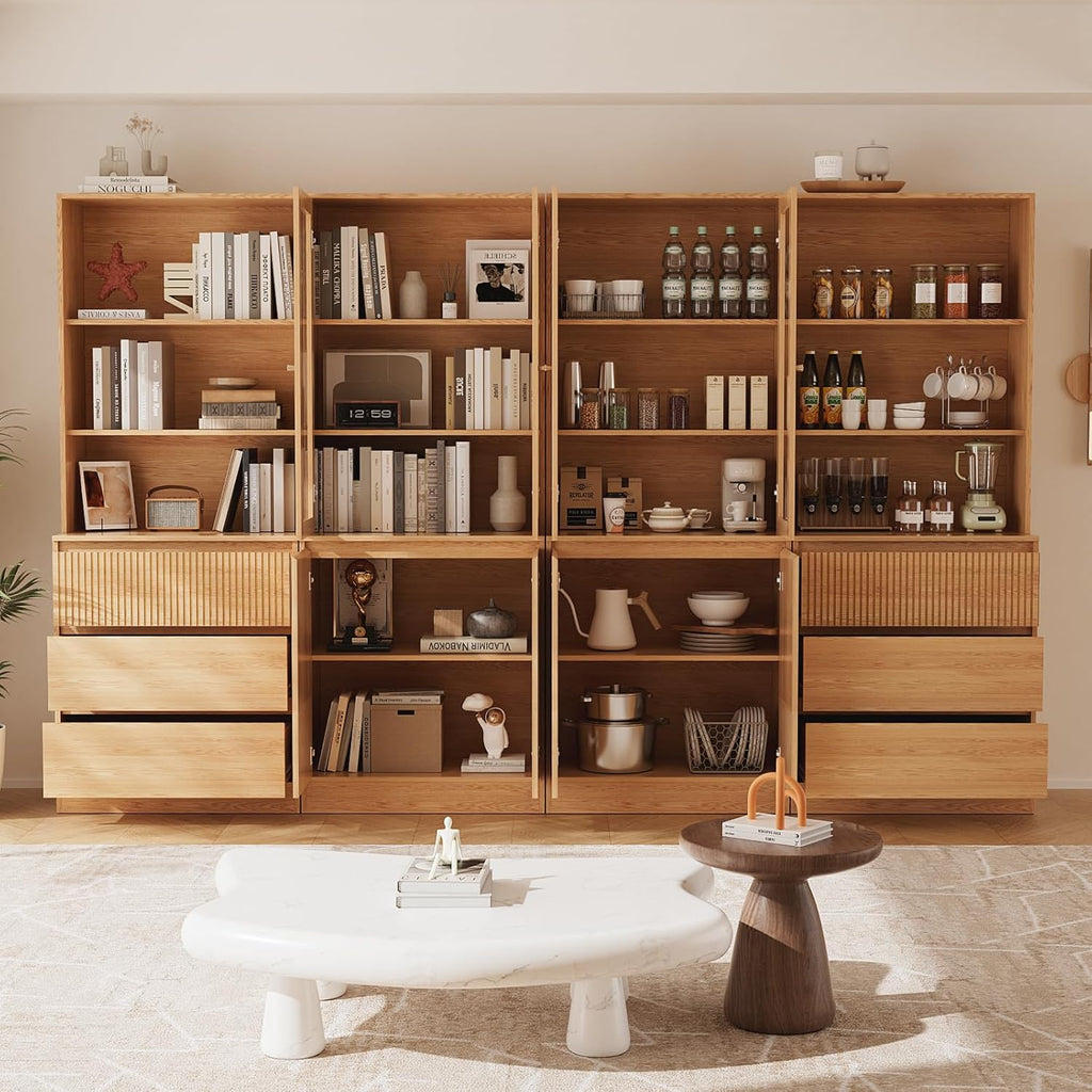 Tall Bookcase with Glass Doors and Drawers,71'' Wooden Bookshelf with Storage,Display Cabinet ,Set of 2 (A+B)