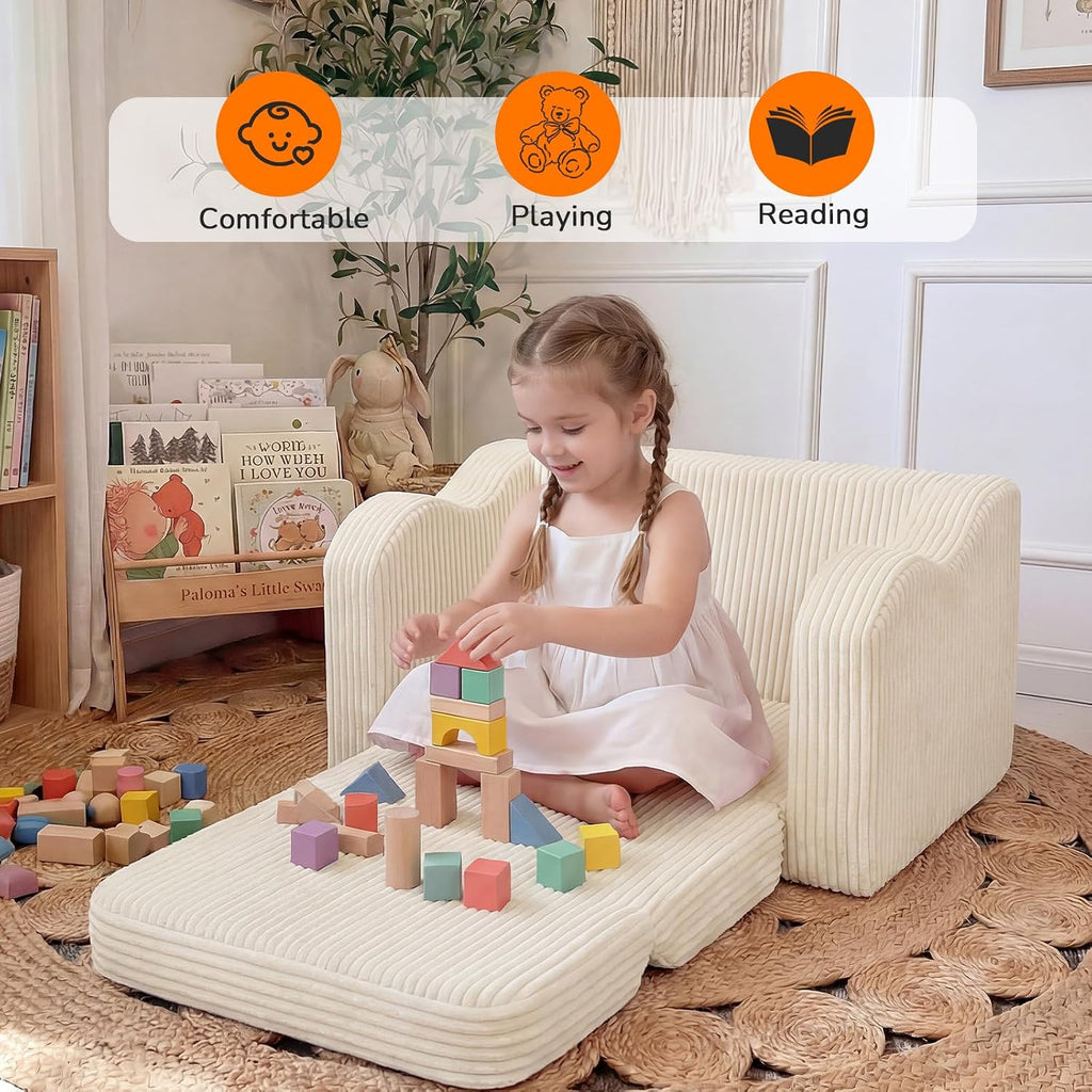 Kids Couch, in-1 Corduroy Fold Out Chair, Washable Foam, Beige