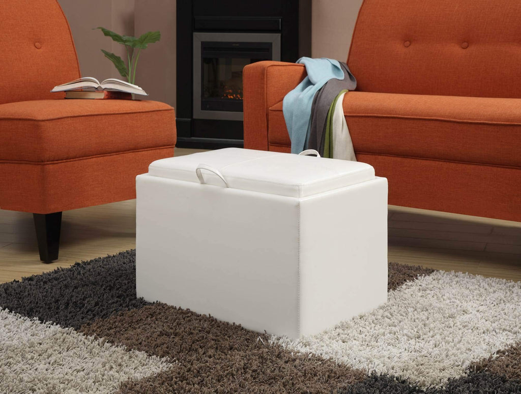 Designs4Comfort Accent Storage Ottoman 22.75" - Modern Foot Stool with Decorative Tray, Ivory Faux Leather