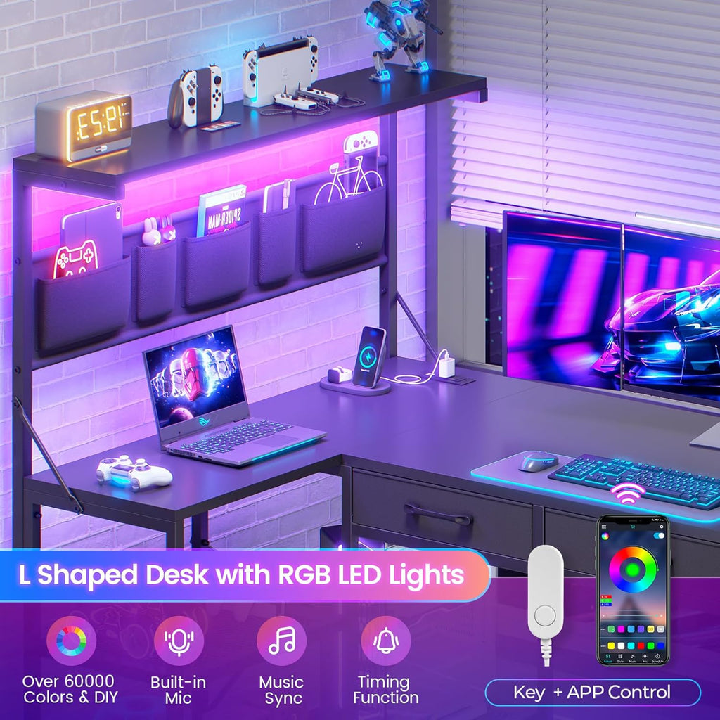L Shaped Gaming Desk, 47.2" Reversible Small Computer Desk with 5 Drawers and Storage Shelves, Corner Gaming Desk