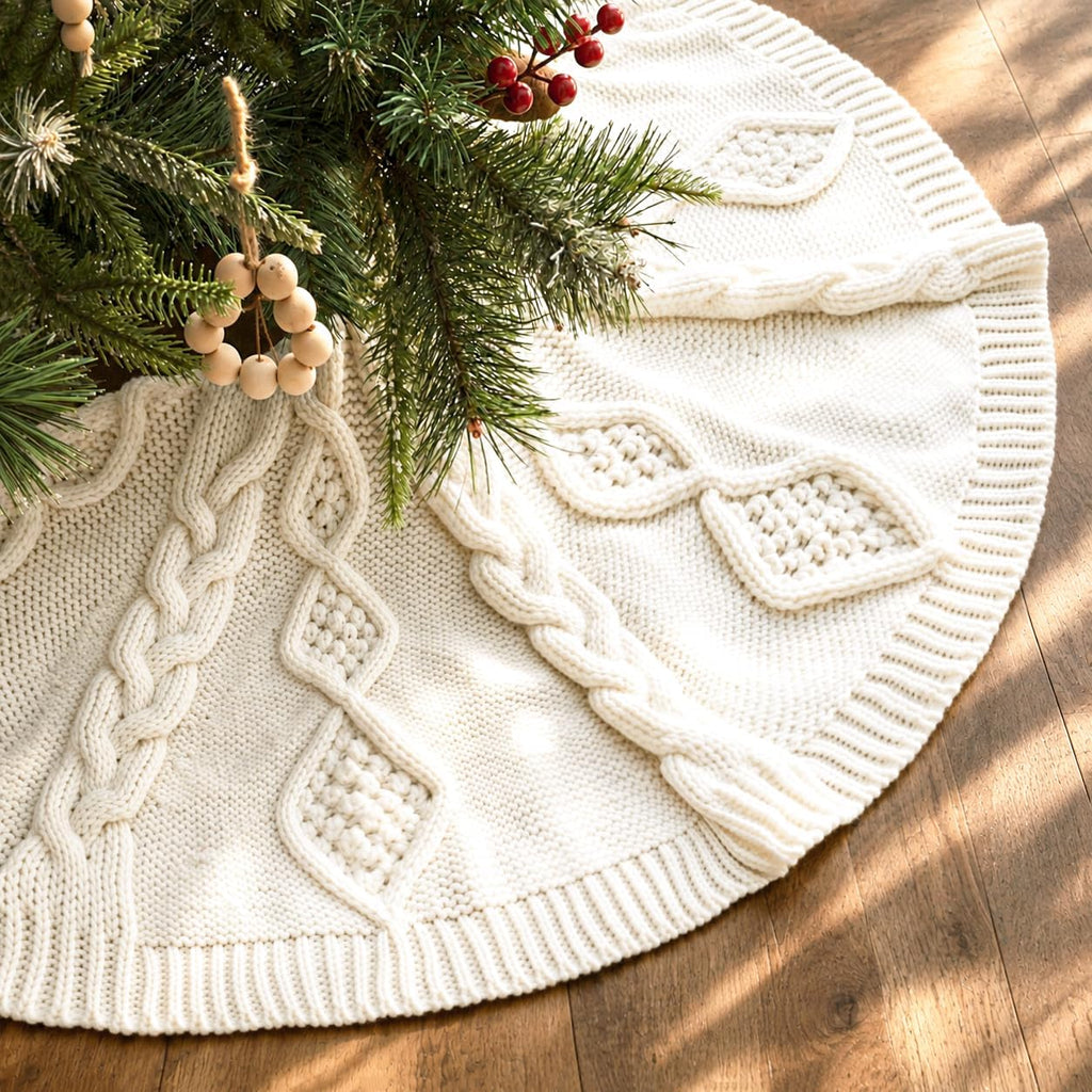 Knit Christmas Tree Skirts, Neutral Tree Skirt, Cozy Christmas Decorations