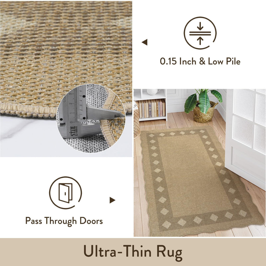 Scalloped Easy Jute Diamond Rug, Washable 2x6 Runner Tan Rugs, Geometric Checkered Indoor Outdoor Farmhouse Non