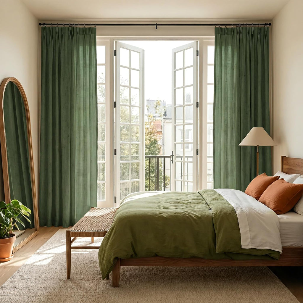 Pinch Pleated Thick Linen Blend Forest Green Curtains, Rod Pocket & Back Tab Privacy Added Light Filtering Spring
