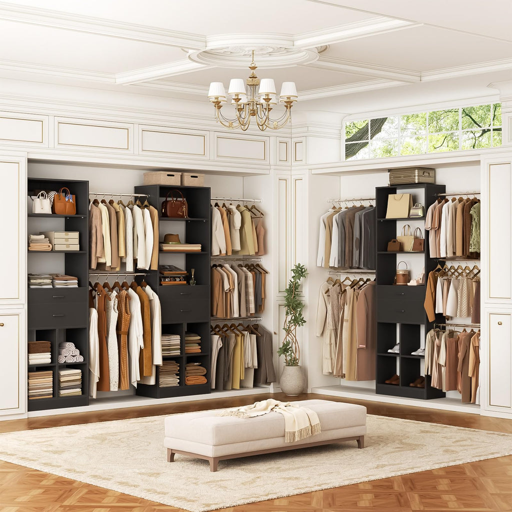 Closet System, 4-8 FT Closet Organizer Tower with 2 Wooden Drawers and Shelves, Can Fit 60 to 96 inch Walk-in Closet