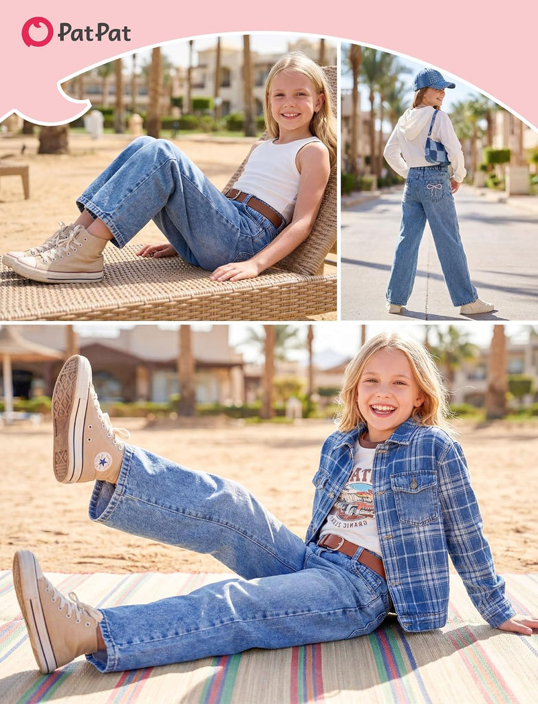 Girls Baggy Wide Leg Jeans, Cute Bow Elastic Waist Denim Pants