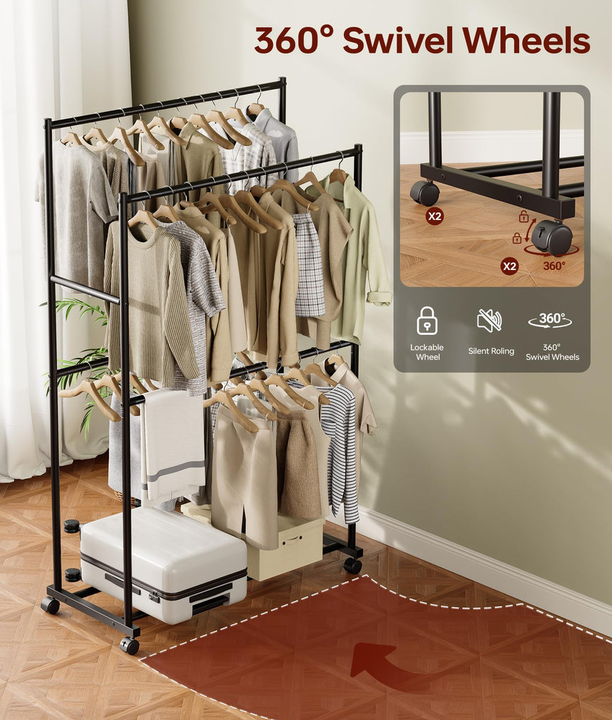 Clothes Rack - 36.2" x 21.3" x 72", 4-Bar Double Rod Rolling Clothing Rack for Hanging Clothes, Portable Garment Rack