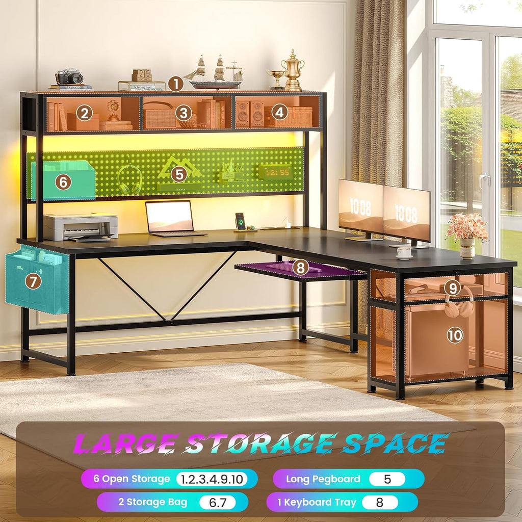 67" L Shaped Gaming Desk with Pegboard LED Lights and Power Outlet | Reversible Computer Desk with Keyboard Tray