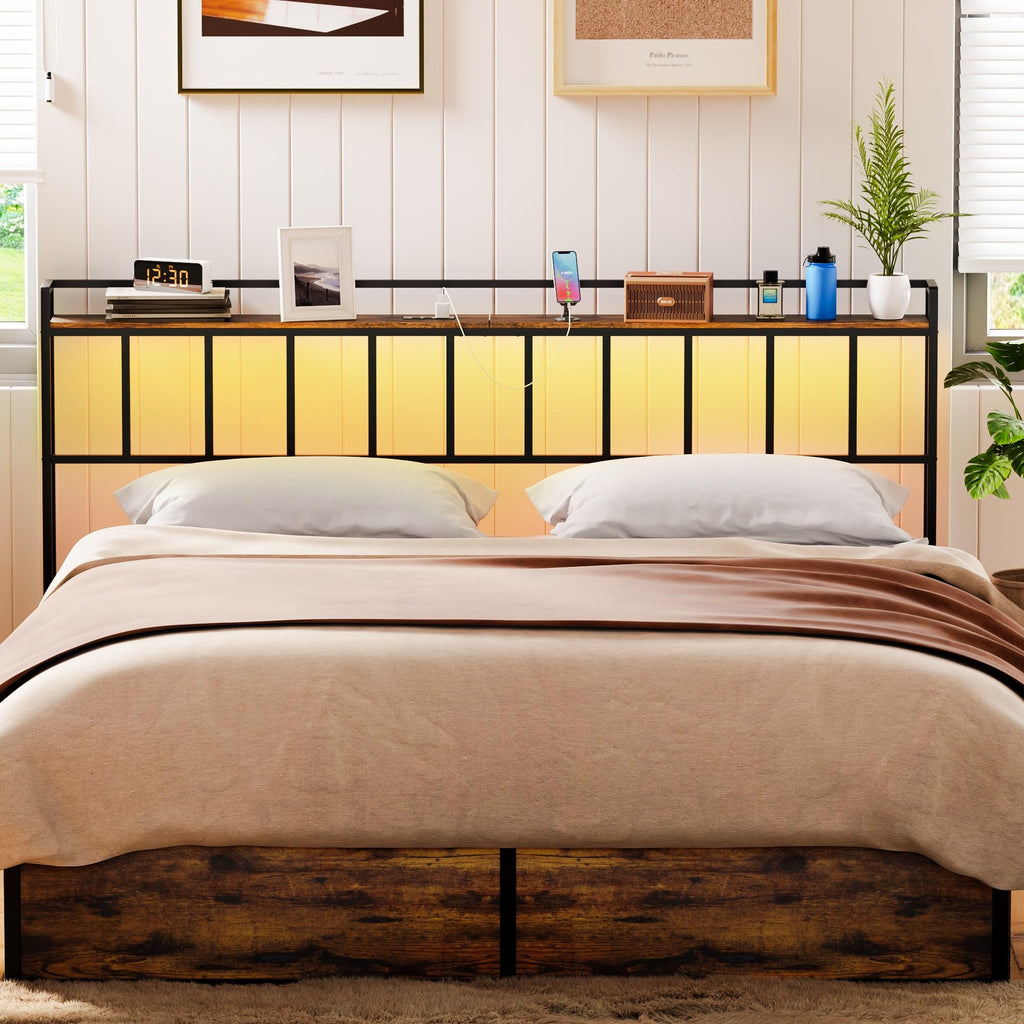 Headboard, Headboards with LED Light, Outlets and USB Ports, Head Board with Storage Rack, Sturdy and Stable